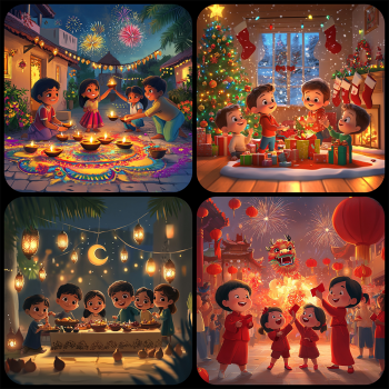 The image is a four-panel mosaic depicting different festive celebrations, including Diwali with diyas and fireworks, Christmas with presents under a tree, a moonlit Ramadan feast with lanterns, and a Chinese New Year celebration with a dragon dance and firecrackers.